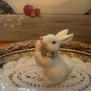 Vintage Ceramic Bunny Figurine with Floral Collar and Carrot